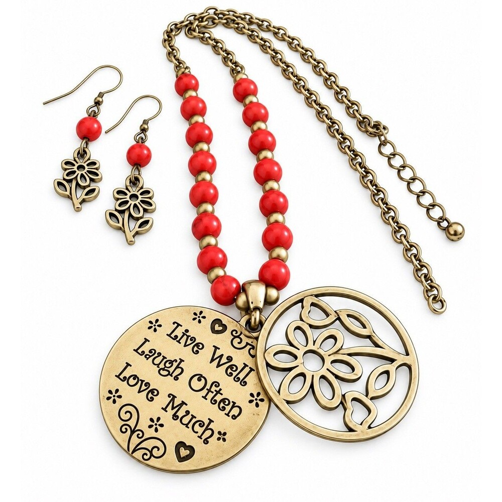 Live Well Laugh Often Love Much" Red Beaded Necklace Bronze Floral Pendant Boho